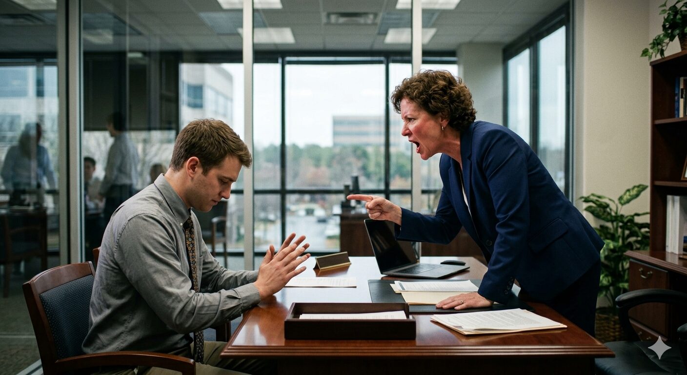 A workplace confrontation or administrative meeting